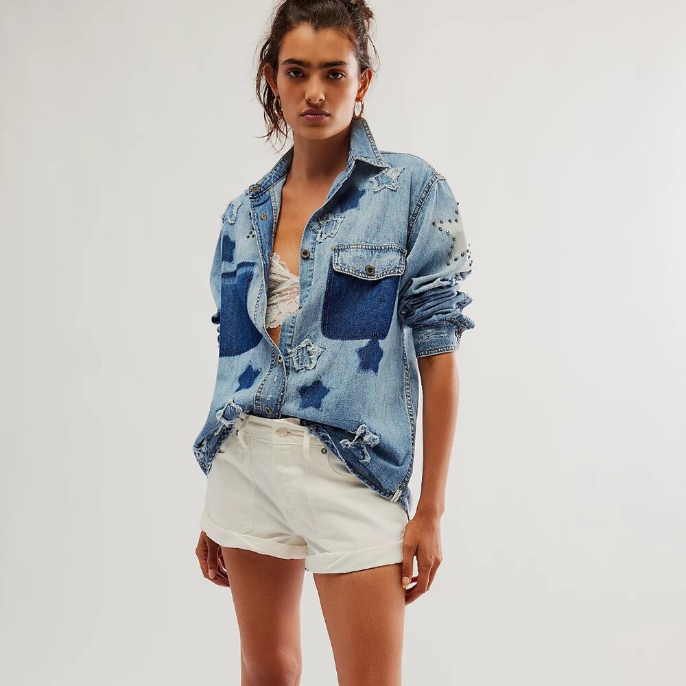 One Teaspoon x Free People Everyday Blue Classic Star Shirt NWT Size XS - Picture 4 of 10